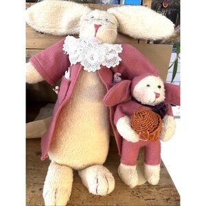 2 Vintage Handmade Bunnies Rabbits Plush Stuffed Animal 15”/9” Wool Lace Glasses